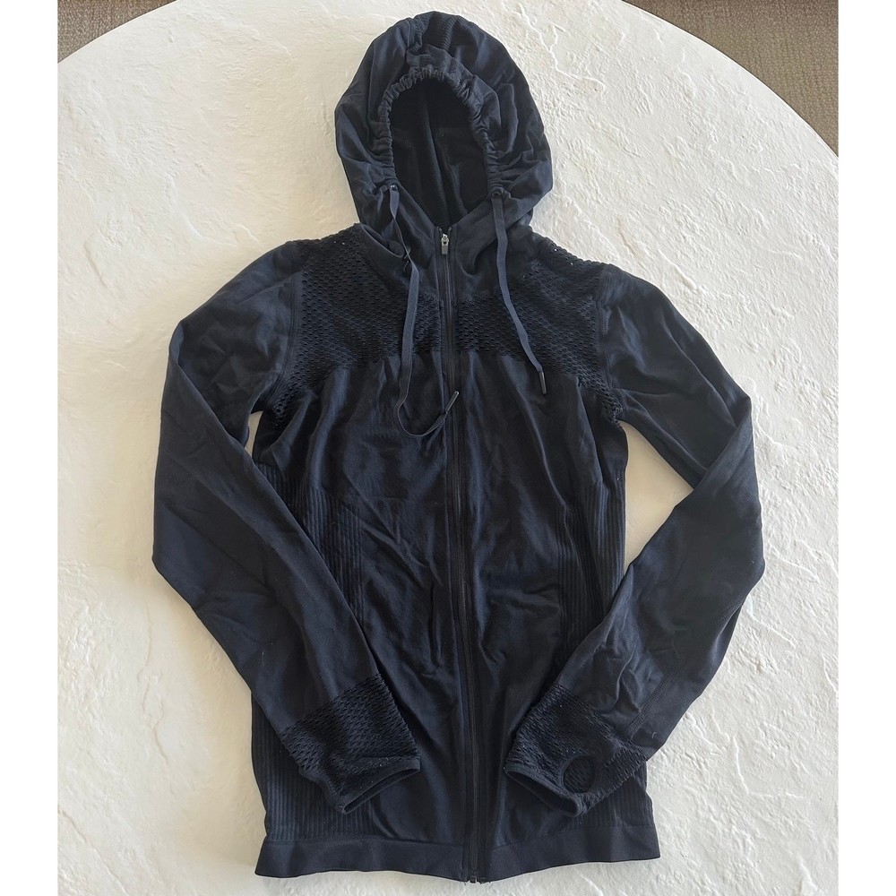 Fabletics Black Tech Mesh Full Zip Hooded Athletic Jacket